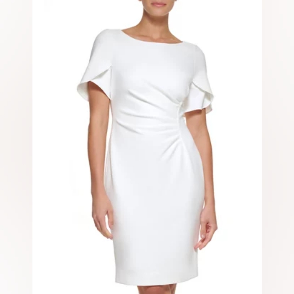 NWT! 🔖DONNA KAREN NEW YORK white flutter sleeve ruched sheath dress